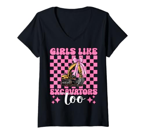 Damen Girls Like Excavators Too Bagger Operator Heavy Equipment T-Shirt mit V-Ausschnitt von Womens Coquette Bow Excavator Operator HEO Gifts