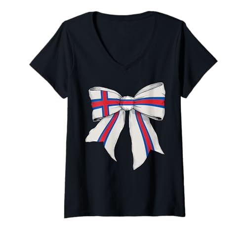 Damen Färöer Inseln Färöer Pride Flagge Mädchen Kokette Schleife Band T-Shirt mit V-Ausschnitt von Womens Coquette Bow Faroe Islands Heritage Gifts