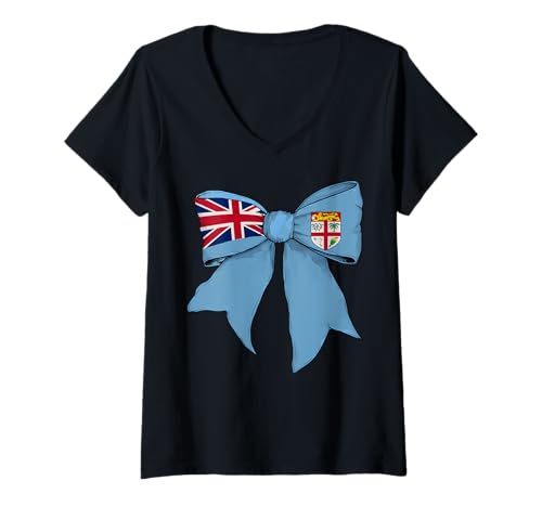 Damen Fidschi-Flagge, Mädchen, Kokette mit Schleife T-Shirt mit V-Ausschnitt von Womens Coquette Bow Fiji Heritage Flag Gifts