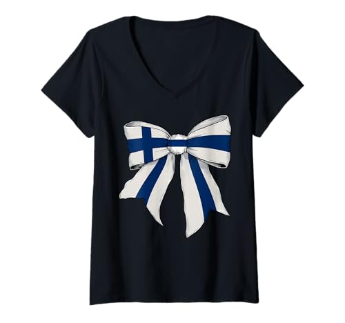 Damen Finnland Finnland Pride Flagge Mädchen Kokette Schleife Band T-Shirt mit V-Ausschnitt von Womens Coquette Bow Finland Heritage Flag Gifts