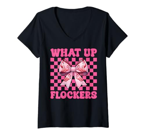 Damen Lustiges Flamingo-Mädchen, rosa Kokette mit Schleife, Motiv „What Up Flocker“ T-Shirt mit V-Ausschnitt von Womens Coquette Bow Flamingo Animal Flock Gifts