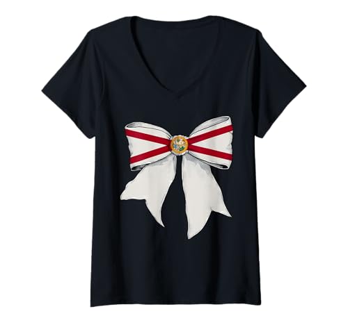 Damen Kokettenschleifenband für Mädchen, Flagge des Bundesstaates Florida T-Shirt mit V-Ausschnitt Damen Kokettenschleifenband für Mädchen, Flagge des Bundesstaates Florida T-Shirt mit V-Ausschnitt von Womens Coquette Bow Florida Heritage Flag Gifts