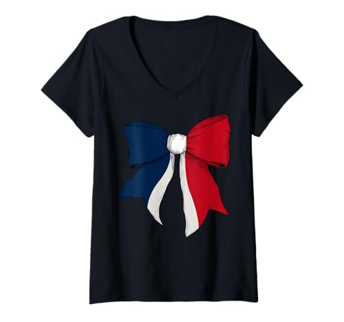 Damen Schleifenband mit französischer Flagge für Mädchen T-Shirt mit V-Ausschnitt von Womens Coquette Bow France Heritage Flag Gifts