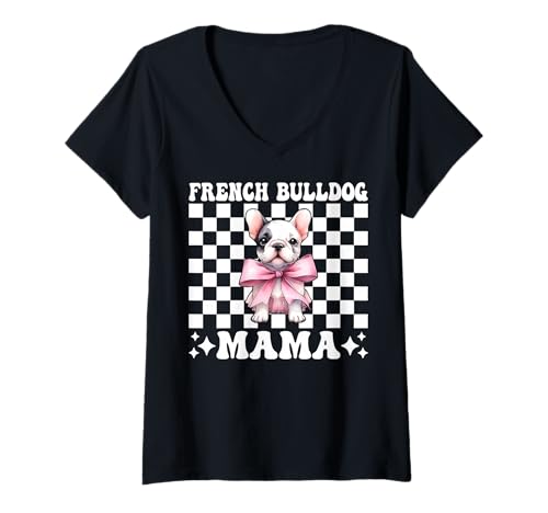 Damen Französische Bulldogge Mama Mama Hund Frenchie Muttertag Kokette T-Shirt mit V-Ausschnitt Damen Französische Bulldogge Mama Mama Hund Frenchie Muttertag Kokette T-Shirt mit V-Ausschnitt von Womens Coquette Bow French Bulldog Frenchie Gifts