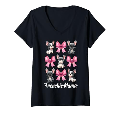 Damen Frenchie Mama Französische Bulldogge Mama Hund Muttertag Kokette T-Shirt mit V-Ausschnitt Damen Frenchie Mama Französische Bulldogge Mama Hund Muttertag Kokette T-Shirt mit V-Ausschnitt von Womens Coquette Bow French Bulldog Frenchie Gifts