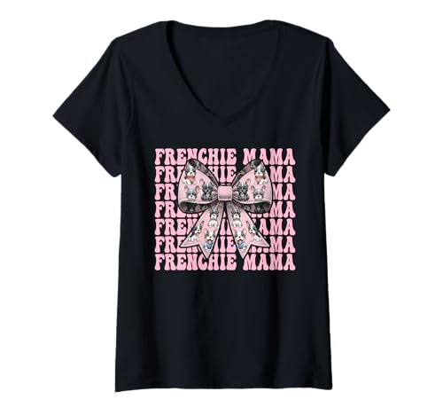 Damen Frenchie Mama Französische Bulldogge Mama Hund Muttertag Kokette T-Shirt mit V-Ausschnitt Damen Frenchie Mama Französische Bulldogge Mama Hund Muttertag Kokette T-Shirt mit V-Ausschnitt von Womens Coquette Bow French Bulldog Frenchie Gifts