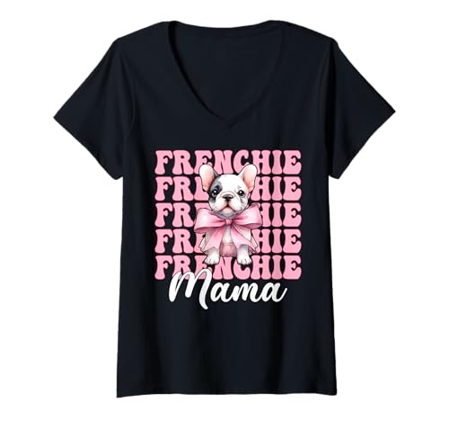 Damen Frenchie Mama Französische Bulldogge Mama Hund Muttertag Kokette T-Shirt mit V-Ausschnitt Damen Frenchie Mama Französische Bulldogge Mama Hund Muttertag Kokette T-Shirt mit V-Ausschnitt von Womens Coquette Bow French Bulldog Frenchie Gifts