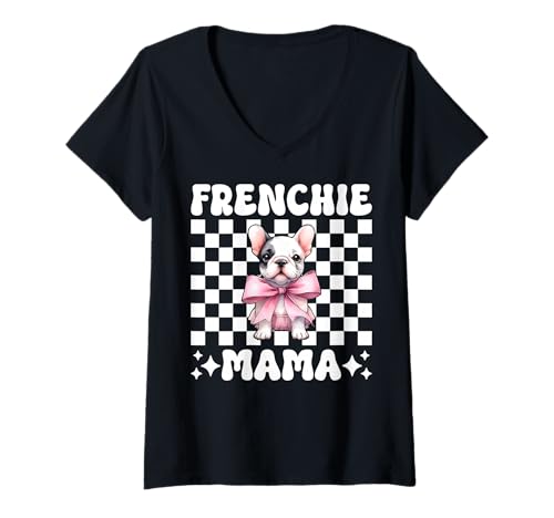 Damen Frenchie Mama Französische Bulldogge Mama Hund Muttertag Kokette T-Shirt mit V-Ausschnitt Damen Frenchie Mama Französische Bulldogge Mama Hund Muttertag Kokette T-Shirt mit V-Ausschnitt von Womens Coquette Bow French Bulldog Frenchie Gifts