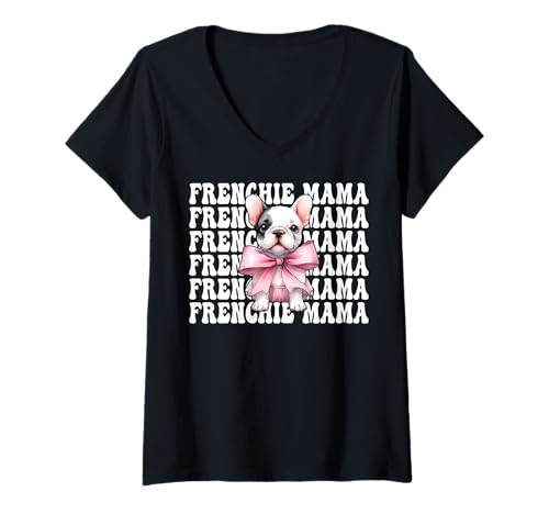 Damen Frenchie Mama Französische Bulldogge Mama Hund Muttertag Kokette T-Shirt mit V-Ausschnitt Damen Frenchie Mama Französische Bulldogge Mama Hund Muttertag Kokette T-Shirt mit V-Ausschnitt von Womens Coquette Bow French Bulldog Frenchie Gifts