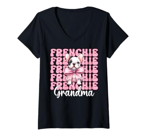 Damen Frenchie Oma Oma Französische Bulldogge Kokette Schleife T-Shirt mit V-Ausschnitt Damen Frenchie Oma Oma Französische Bulldogge Kokette Schleife T-Shirt mit V-Ausschnitt von Womens Coquette Bow French Bulldog Frenchie Gifts