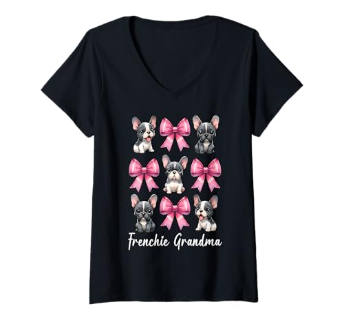 Damen Frenchie Oma Oma Französische Bulldogge Kokette Schleife T-Shirt mit V-Ausschnitt Damen Frenchie Oma Oma Französische Bulldogge Kokette Schleife T-Shirt mit V-Ausschnitt von Womens Coquette Bow French Bulldog Frenchie Gifts