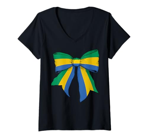 Damen Gabun Gabunesische Flagge Mädchen Kokette Schleife Band T-Shirt mit V-Ausschnitt Damen Gabun Gabunesische Flagge Mädchen Kokette Schleife Band T-Shirt mit V-Ausschnitt von Womens Coquette Bow Gabon Heritage Flag Gifts