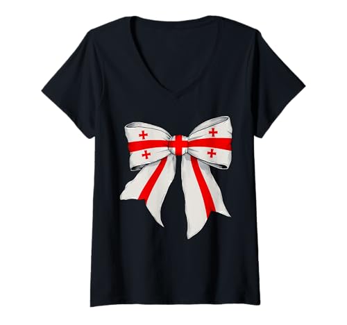 Damen Kokettenschleifenband mit georgischer Flagge für Mädchen T-Shirt mit V-Ausschnitt Damen Kokettenschleifenband mit georgischer Flagge für Mädchen T-Shirt mit V-Ausschnitt von Womens Coquette Bow Georgia Heritage Flag Gifts