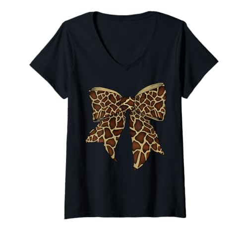 Damen Giraffen-Tiermuster süßes Halloween-Kostüm Kokette Schleife T-Shirt mit V-Ausschnitt Damen Giraffen-Tiermuster süßes Halloween-Kostüm Kokette Schleife T-Shirt mit V-Ausschnitt von Womens Coquette Bow Giraffe Animal Gifts