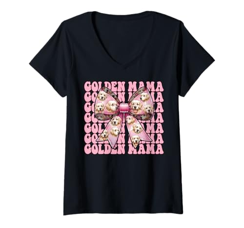 Damen Golden Mama Golden Retriever Mama Hund Muttertag Kokette T-Shirt mit V-Ausschnitt von Womens Coquette Bow Golden Retriever Dog Gifts