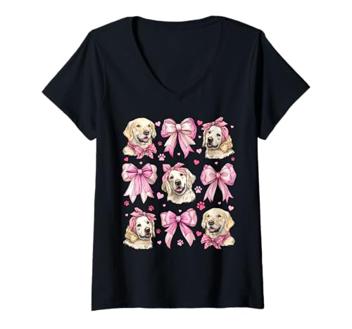 Damen Golden Retriever Hund Mama Mädchen Kokette Schleife Rosa T-Shirt mit V-Ausschnitt Damen Golden Retriever Hund Mama Mädchen Kokette Schleife Rosa T-Shirt mit V-Ausschnitt von Womens Coquette Bow Golden Retriever Dog Gifts