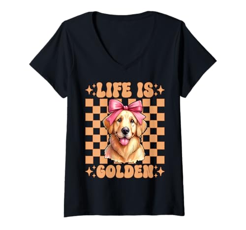 Damen Life is Golden Retriever Hund Mädchen Mama Kokette Schleife T-Shirt mit V-Ausschnitt von Womens Coquette Bow Golden Retriever Dog Gifts