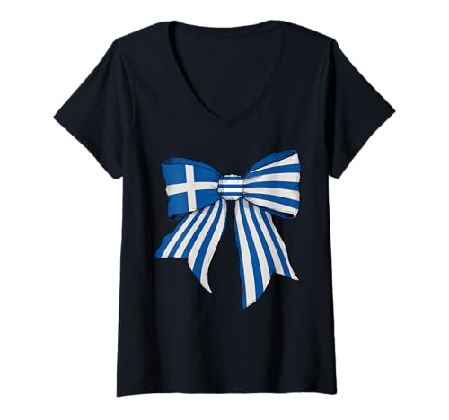 Damen Griechenland Griechische Flagge Mädchen Kokette Schleife Band T-Shirt mit V-Ausschnitt von Womens Coquette Bow Greece Heritage Flag Gifts