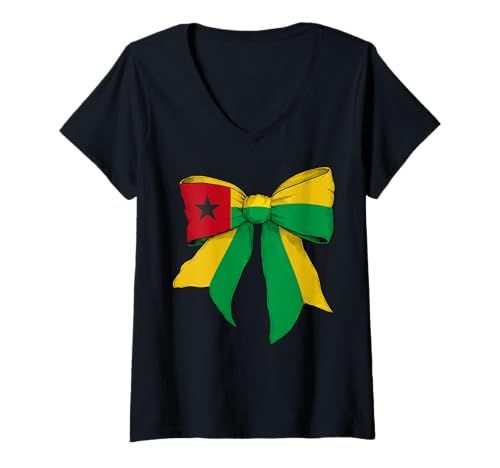 Damen Guinea-Bissau Guinea-Bissauan Pride Flag Coquette Bow für Mädchen T-Shirt mit V-Ausschnitt von Womens Coquette Bow Guinea-Bissau Heritage Gifts