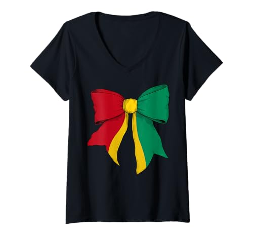 Damen Guinea Guinea Pride Flag Girl Coquette Bow Ribbon T-Shirt mit V-Ausschnitt Damen Guinea Guinea Pride Flag Girl Coquette Bow Ribbon T-Shirt mit V-Ausschnitt von Womens Coquette Bow Guinea Heritage Flag Gifts