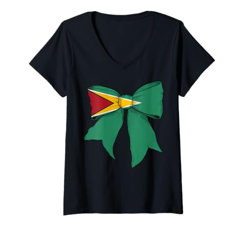 Damen Kokettenschleifenband mit Flagge von Guyana, für Mädchen, Motiv „Guyanese Pride“ T-Shirt mit V-Ausschnitt Damen Kokettenschleifenband mit Flagge von Guyana, für Mädchen, Motiv „Guyanese Pride“ T-Shirt mit V-Ausschnitt von Womens Coquette Bow Guyana Heritage Flag Gifts