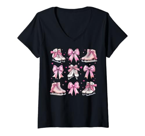 Damen Eislaufen Eiskunstlauf Eiskunstlauf Mädchen Kokette Schleife Rosa T-Shirt mit V-Ausschnitt Damen Eislaufen Eiskunstlauf Eiskunstlauf Mädchen Kokette Schleife Rosa T-Shirt mit V-Ausschnitt von Womens Coquette Bow Ice Skating Ice Skater Gifts