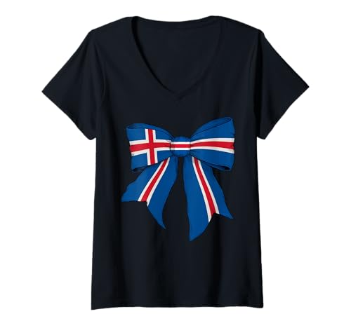 Damen Isländischer Stolz, Flagge, Mädchen, Kokette mit Schleife T-Shirt mit V-Ausschnitt von Womens Coquette Bow Iceland Heritage Flag Gifts