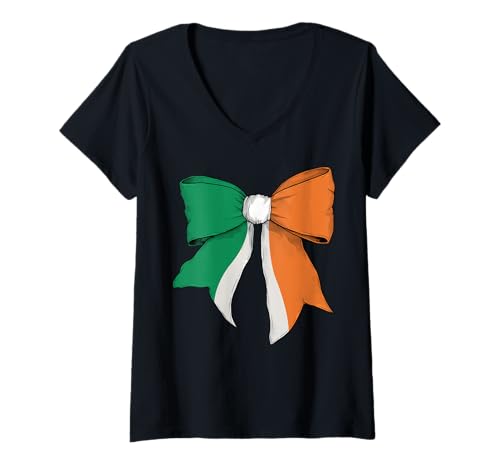 Damen Irland Irische Flagge Mädchen Kokette Schleife Band T-Shirt mit V-Ausschnitt Damen Irland Irische Flagge Mädchen Kokette Schleife Band T-Shirt mit V-Ausschnitt von Womens Coquette Bow Ireland Heritage Flag Gifts