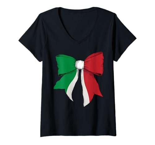 Damen Italienisches Schleifenband mit italienischer Flagge für Mädchen T-Shirt mit V-Ausschnitt von Womens Coquette Bow Italy Heritage Flag Gifts