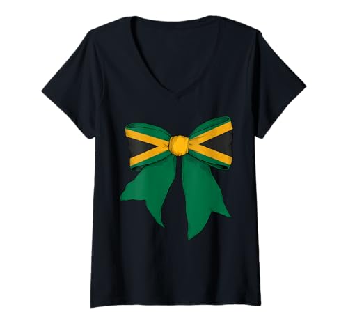 Damen Jamaika Jamaika Pride Flag Girl Coquette Bow Ribbon T-Shirt mit V-Ausschnitt von Womens Coquette Bow Jamaica Heritage Flag Gifts