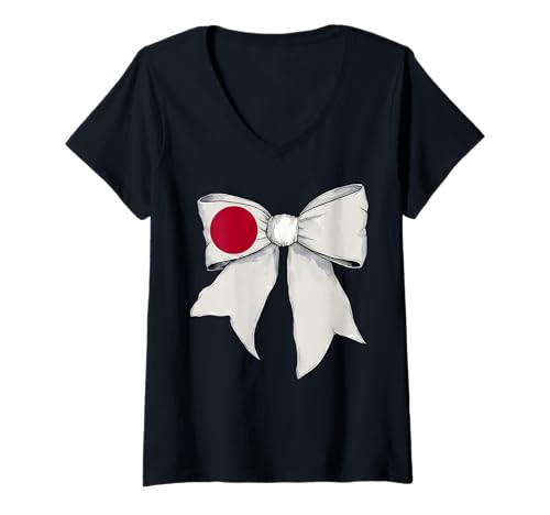 Damen Japanische Flagge Mädchen Kokette Schleife Band T-Shirt mit V-Ausschnitt von Womens Coquette Bow Japan Heritage Flag Gifts
