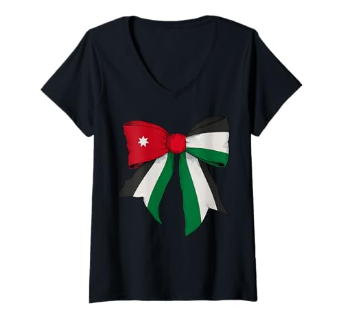 Damen Jordanien Jordanien Pride Flag Girl Coquette Schleife Band T-Shirt mit V-Ausschnitt von Womens Coquette Bow Jordan Heritage Flag Gifts