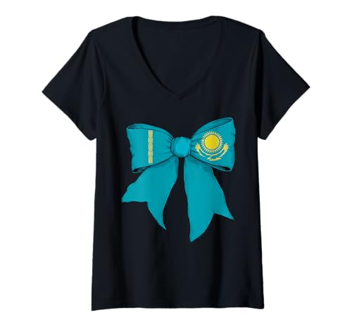 Damen Kasachstan Kasachstan Kasachstan Pride Flag Girl Coquette Bow Ribbon T-Shirt mit V-Ausschnitt von Womens Coquette Bow Kazakhstan Heritage Flag Gifts