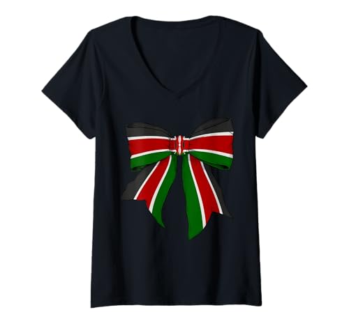 Damen Kenia Kenia Pride Flag Girl Coquette Bow Ribbon T-Shirt mit V-Ausschnitt Damen Kenia Kenia Pride Flag Girl Coquette Bow Ribbon T-Shirt mit V-Ausschnitt von Womens Coquette Bow Kenya Heritage Flag Gifts
