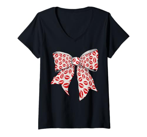 Damen Lippenstift Marks Kisses Lippen Valentinstag Mädchen Kokette Schleife T-Shirt mit V-Ausschnitt von Womens Coquette Bow Kisses Lipstick Makeup Gifts