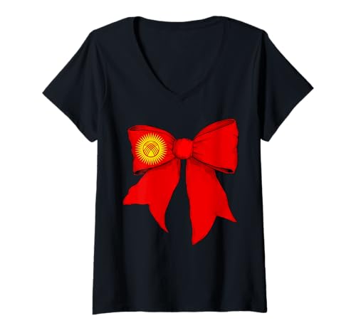 Damen Kirgisistan Kirgisische Stolz Flagge Mädchen Kokette Schleife Band T-Shirt mit V-Ausschnitt Damen Kirgisistan Kirgisische Stolz Flagge Mädchen Kokette Schleife Band T-Shirt mit V-Ausschnitt von Womens Coquette Bow Kyrgyzstan Heritage Flag Gifts