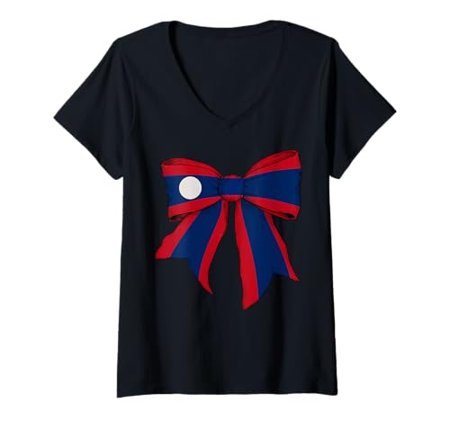 Damen Laos Laotische Flagge Mädchen Kokette Schleife Band T-Shirt mit V-Ausschnitt Damen Laos Laotische Flagge Mädchen Kokette Schleife Band T-Shirt mit V-Ausschnitt von Womens Coquette Bow Laos Heritage Flag Gifts