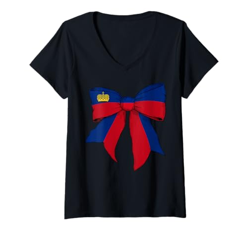 Damen Liechtenstein Liechtensteiner Stolz Flagge Mädchen Kokette Schleife T-Shirt mit V-Ausschnitt Damen Liechtenstein Liechtensteiner Stolz Flagge Mädchen Kokette Schleife T-Shirt mit V-Ausschnitt von Womens Coquette Bow Liechtenstein Heritage Gifts