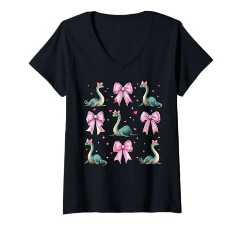 Damen Loch Ness Monster Nessie Plesiosaurier Girl Kokette Schleife Rosa T-Shirt mit V-Ausschnitt Damen Loch Ness Monster Nessie Plesiosaurier Girl Kokette Schleife Rosa T-Shirt mit V-Ausschnitt von Womens Coquette Bow Loch Ness Monster Nessie Gifts