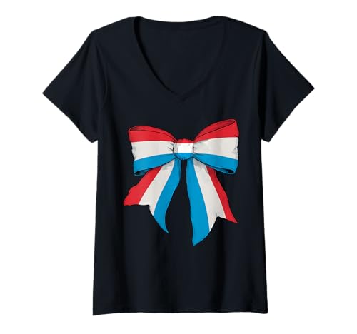 Damen Luxemburg Luxemburger Pride Flag Girl Coquette Bow Ribbon T-Shirt mit V-Ausschnitt Damen Luxemburg Luxemburger Pride Flag Girl Coquette Bow Ribbon T-Shirt mit V-Ausschnitt von Womens Coquette Bow Luxembourg Heritage Flag Gifts