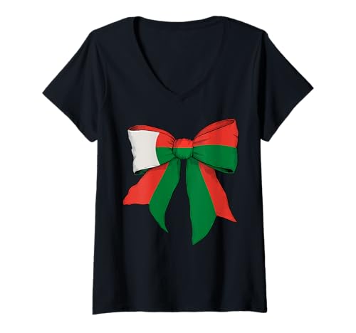 Damen Madagaskar Malagasy Pride Flagge Mädchen Kokette Schleife Band T-Shirt mit V-Ausschnitt Damen Madagaskar Malagasy Pride Flagge Mädchen Kokette Schleife Band T-Shirt mit V-Ausschnitt von Womens Coquette Bow Madagascar Heritage Flag Gifts