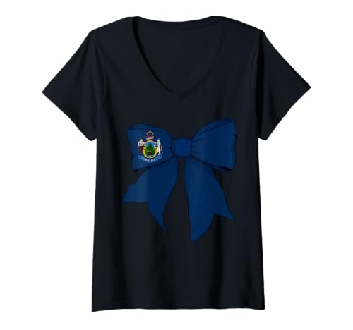 Damen Kokettenschleifenband mit Flagge des Bundesstaates Maine für Mädchen T-Shirt mit V-Ausschnitt von Womens Coquette Bow Maine Heritage Flag Gifts