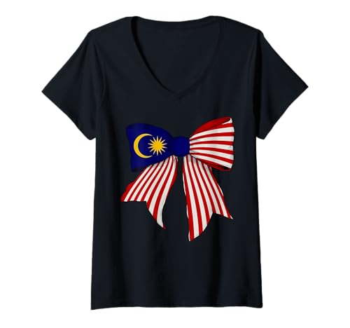 Damen Kokettenschleifenband mit malaysischer Flagge für Mädchen T-Shirt mit V-Ausschnitt von Womens Coquette Bow Malaysia Heritage Flag Gifts
