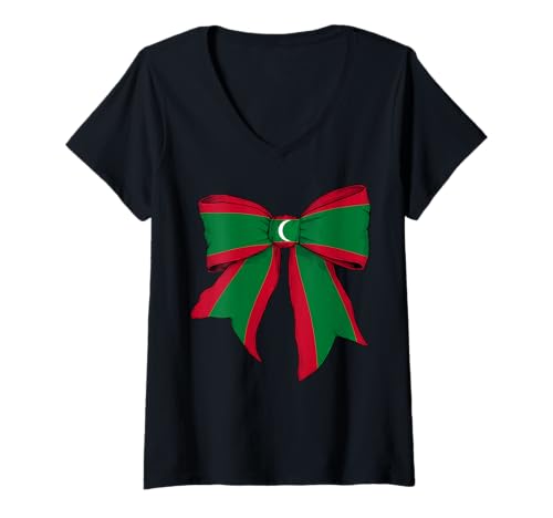 Damen Malediven Maledivische Pride Flagge Mädchen Kokette Schleife Band T-Shirt mit V-Ausschnitt von Womens Coquette Bow Maldives Heritage Flag Gifts