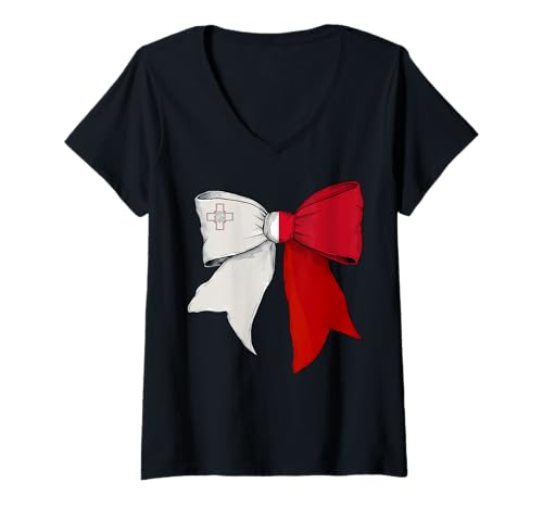 Damen Malta Malteser Stolz Flagge Mädchen Kokette Schleife Band T-Shirt mit V-Ausschnitt von Womens Coquette Bow Malta Heritage Flag Gifts