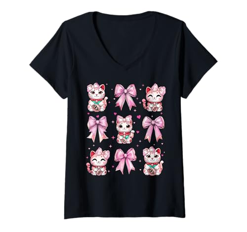 Damen Maneki Neko Japanische Katze Lucky Girl Kokette Schleife Rosa Mama T-Shirt mit V-Ausschnitt Damen Maneki Neko Japanische Katze Lucky Girl Kokette Schleife Rosa Mama T-Shirt mit V-Ausschnitt von Womens Coquette Bow Maneki Neko Japanese Gifts