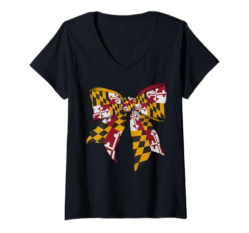 Damen Kokettenschleifenband mit Flagge des Bundesstaates Maryland für Mädchen T-Shirt mit V-Ausschnitt von Womens Coquette Bow Maryland Heritage Flag Gifts