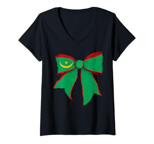 Damen Mauretanien Mauretanien Stolz Flagge Mädchen Kokette Schleife Band T-Shirt mit V-Ausschnitt von Womens Coquette Bow Mauritania Heritage Flag Gifts