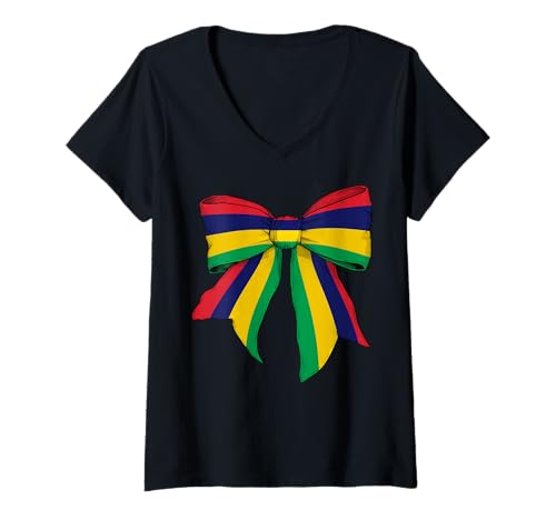 Damen Kokettenschleifenband mit mauritischer Flagge für Mädchen T-Shirt mit V-Ausschnitt Damen Kokettenschleifenband mit mauritischer Flagge für Mädchen T-Shirt mit V-Ausschnitt von Womens Coquette Bow Mauritius Heritage Flag Gifts