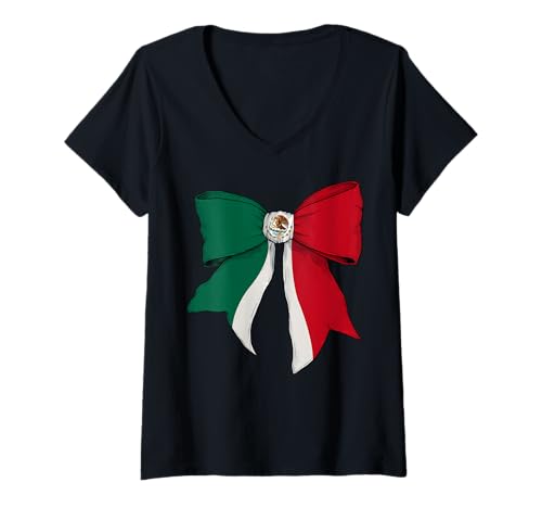 Damen Mexiko Mexikanische Flagge Mädchen Kokette Schleife Band T-Shirt mit V-Ausschnitt Damen Mexiko Mexikanische Flagge Mädchen Kokette Schleife Band T-Shirt mit V-Ausschnitt von Womens Coquette Bow Mexico Heritage Flag Gifts